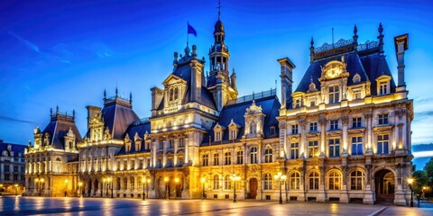 Naklejka premium Stunning view of the historic Paris Town Hall building under a clear blue sky in the city of lights