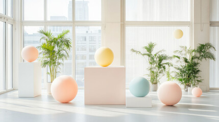 Colorful geometric spheres arranged in modern art installation, surrounded by lush green plants in bright, airy space. soft pastel colors create serene and inviting atmosphere