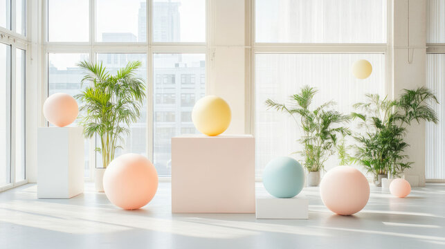 Colorful geometric spheres arranged in modern art installation, surrounded by lush green plants in bright, airy space. soft pastel colors create serene and inviting atmosphere