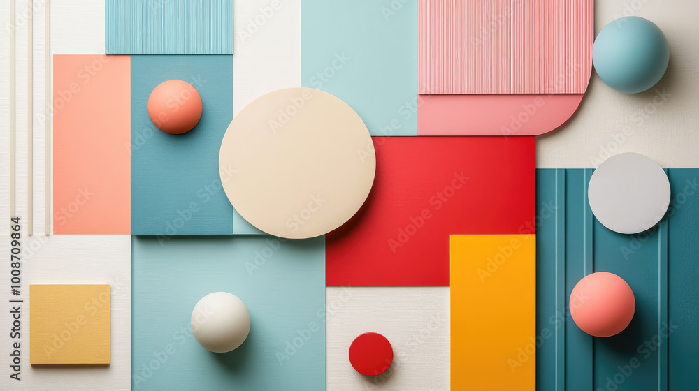Aufkleber Colorful geometric shapes and patterns create vibrant and stimulating visual experience, showcasing blend of circles, squares, and rectangles in various colors and textures