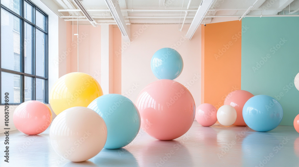 Poster bright and colorful geometric spheres create playful art installation in modern space, evoking sense