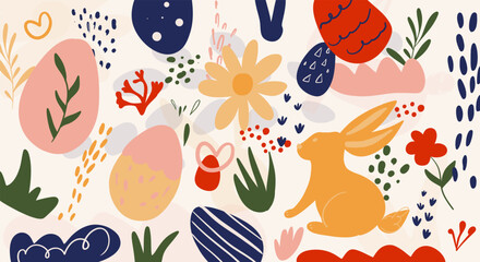 Banner of abstract elements for Easter hand drawn in doodle style, bunny, eggs, flowers, branch, footprints, spots. Simple flat vector style