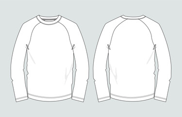 Long sleeve round neck Technical Sketch flat fashion T-shirt front and back view . Apparel dress design CAD Mock up Vector Illustration template.