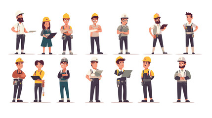 Set of engineer people working character vector design. Presentation in various action