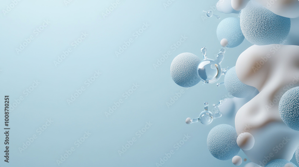 Poster microbial life clusters with organic textures create captivating visual. soft blue background enhanc