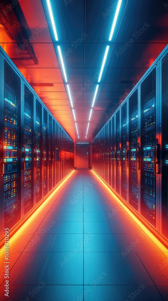 Poster futuristic data center corridor illuminated by vibrant neon lights, showcasing advanced server techn