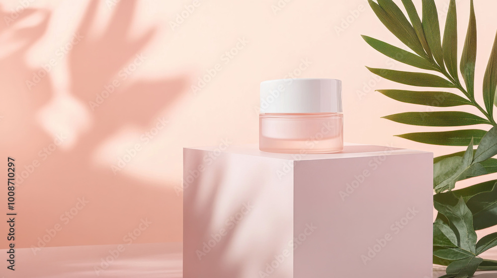 Aufkleber cosmetic product elegantly displayed on pastel surface, surrounded by soft shadows and lush green le