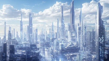 Fototapeta premium Futuristic city skyline with towering skyscrapers under a sunny sky, showcasing advanced architecture and urban design.