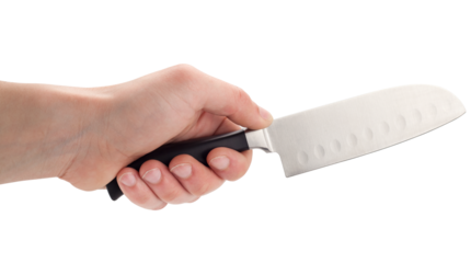 Professional knife in a man's hand isolated on a transparent background.