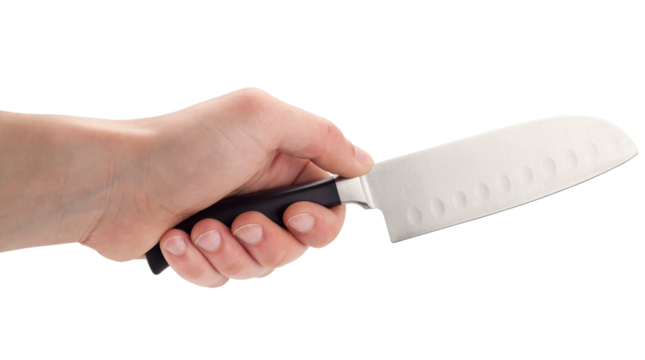 Professional knife in a man's hand isolated on a transparent background.