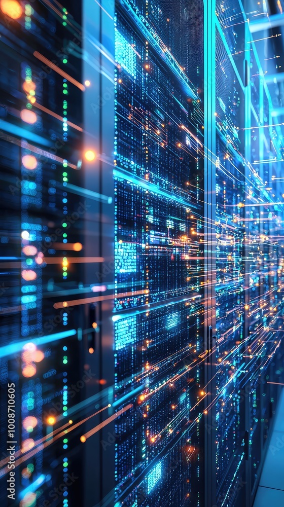 Poster futuristic data center with glowing lights and digital lines representing fast data transfer and con