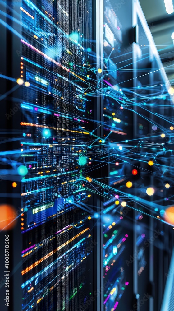 Poster futuristic data center with glowing server racks and digital connections, representing advanced tech