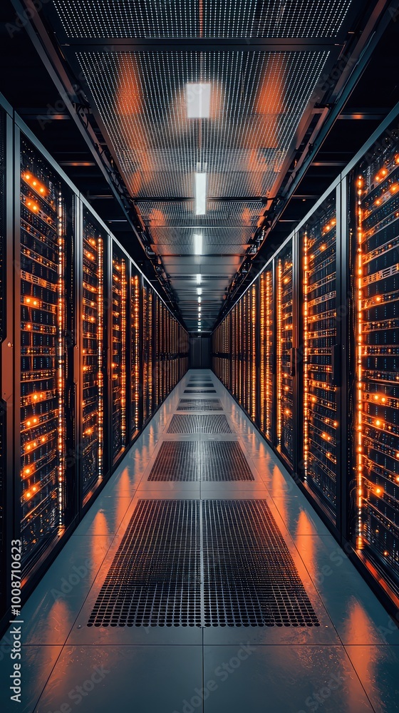 Poster futuristic data center with illuminated servers creating a vibrant pathway, showcasing technology an