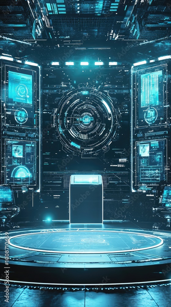 Poster futuristic digital interface showcasing advanced technology and holographic displays in a high-tech 