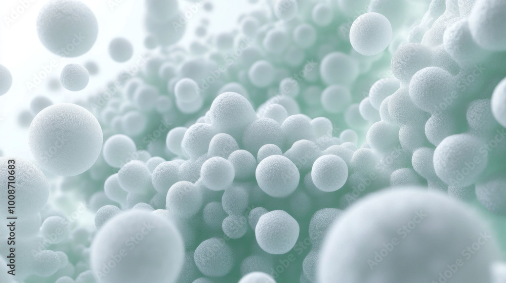 Poster Microbial growth forming clusters in organic 3D texture, showcasing mesmerizing array of spherical shapes and soft colors. This evokes sense of wonder and curiosity about microscopic life