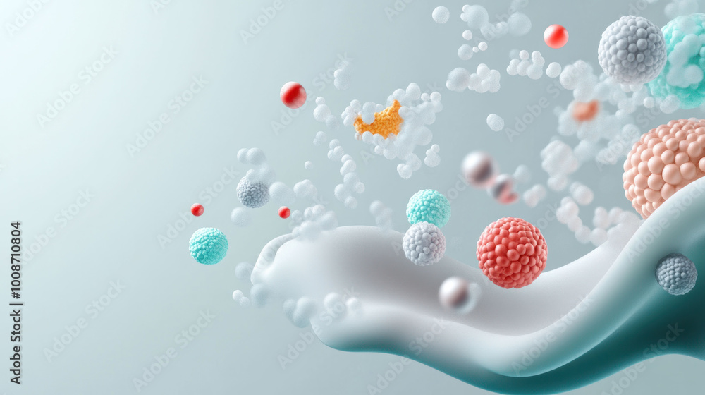 Poster Microbial life in clusters showcases vibrant 3D organic designs with colorful spheres and bubbles, creating dynamic and visually engaging representation of microscopic organisms