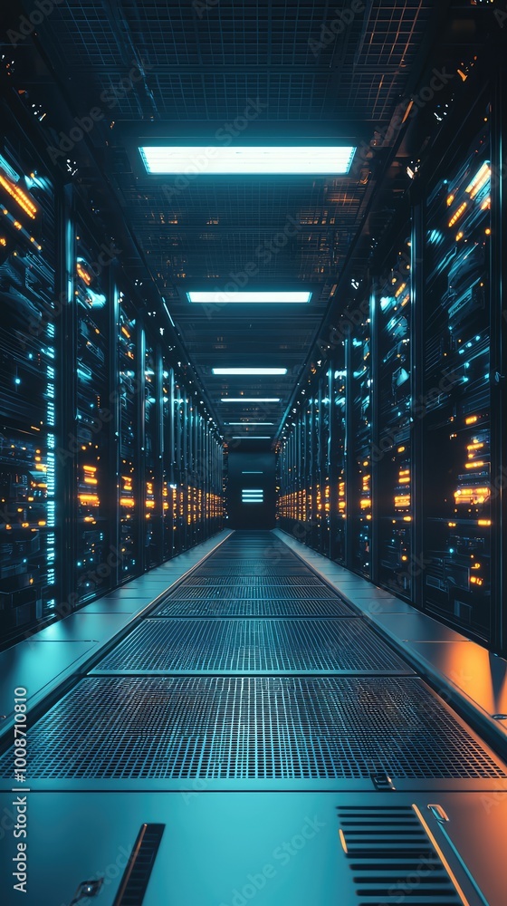 Poster futuristic server room with illuminated racks, showcasing advanced technology and high-performance c