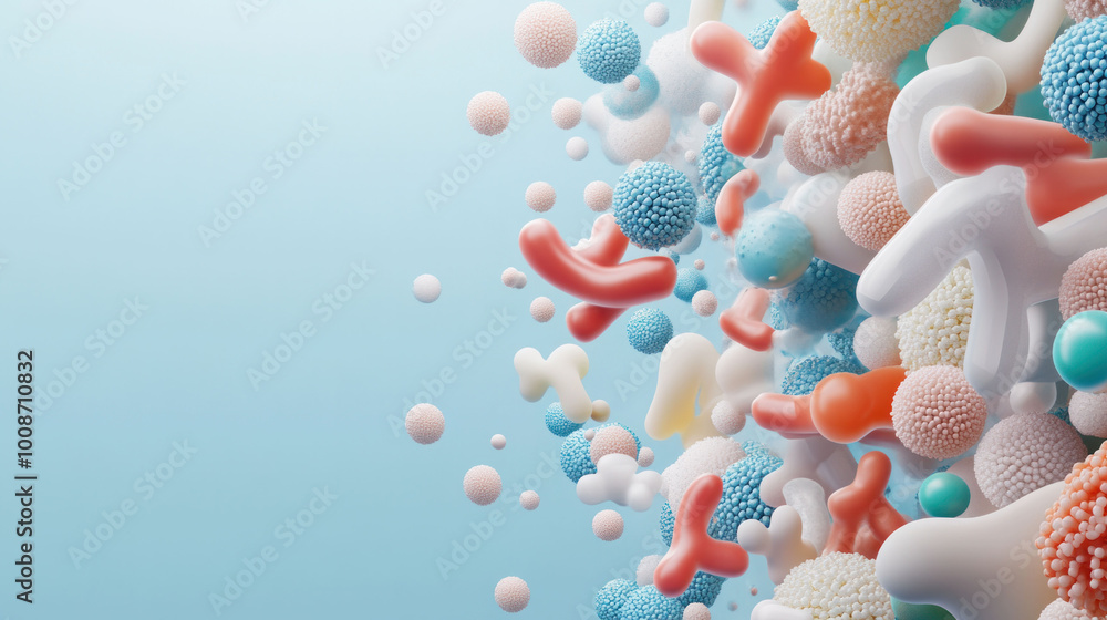 Poster Colorful microbial life in clusters, showcasing 3D organic design with various shapes and textures, creating vibrant and dynamic visual experience