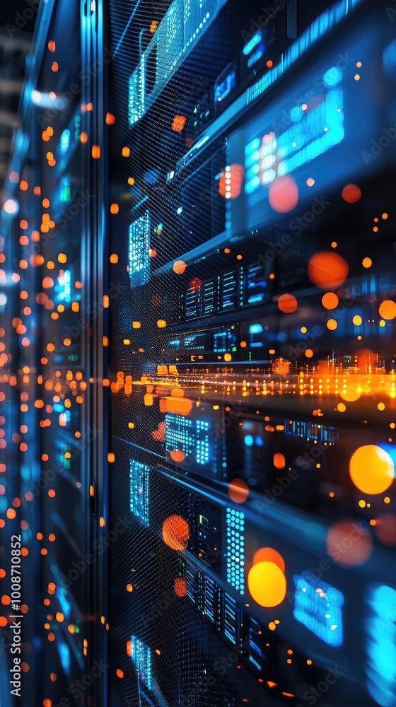 Poster futuristic server room with glowing data panels and digital effects, ideal for technology and cybers