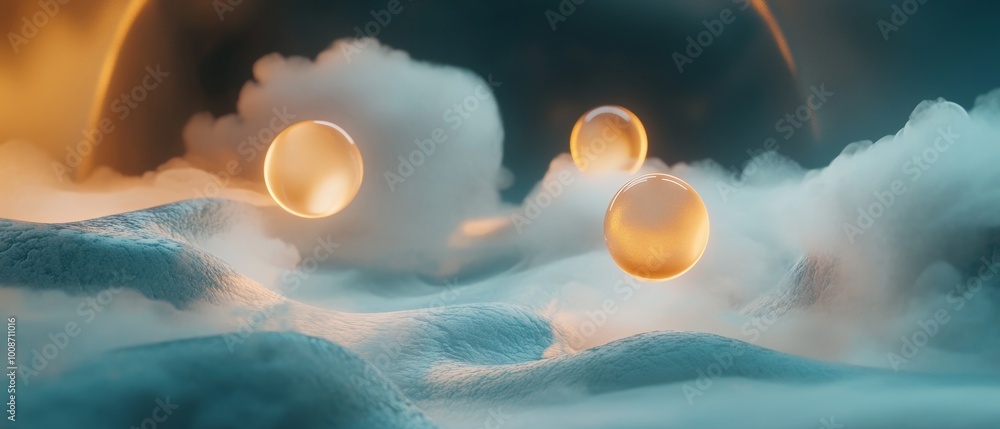Poster a computer generated image of three glowing spheres in the sky