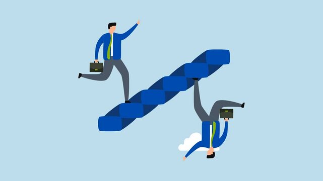 Business paradox, 4k animation of ambitious businessman is both climbing up the stairs and going down at the same time in a paradoxical manner.