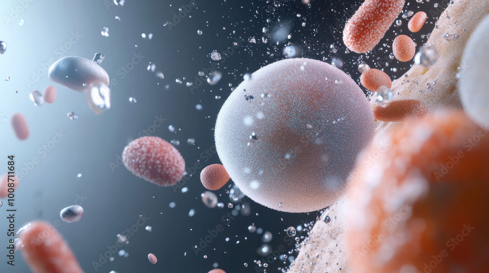 Poster organically textured microbial clusters in 3d render showcase vibrant colors and intricate details, 