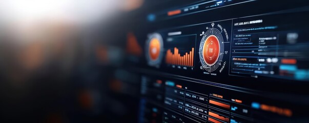 Obraz premium Digital interface displaying enterprise AI strategy, with charts and futuristic data visualizations, AI strategy, business intelligence