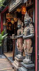 Intricate wooden statues stand guard at the entrance, showcasing traditional craftsmanship and cultural heritage in a serene setting.