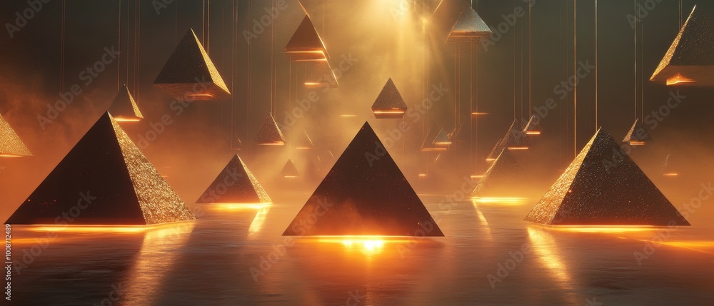 Sticker a series of golden pyramids are suspended in the air, creating a surreal