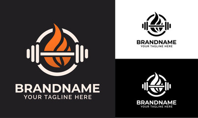 Minimalistic Fire Barbell Gym Logo Design Template round Logo for fitness business