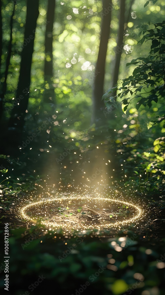 Poster magical glow in a serene forest, shimmering particles create an enchanting atmosphere. perfect for f