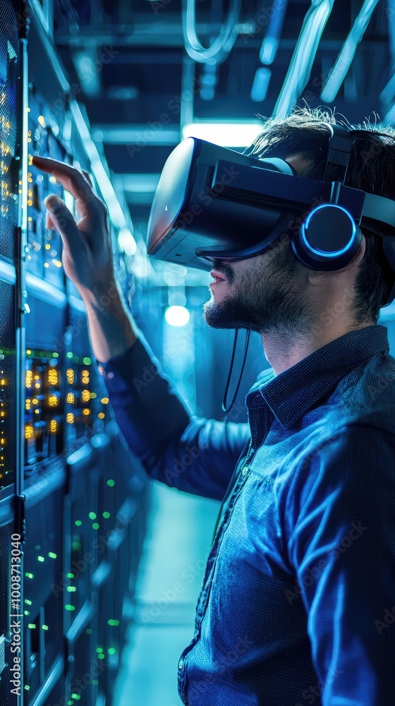 Poster man wearing virtual reality headset interacts with technology in a server room, showcasing innovatio