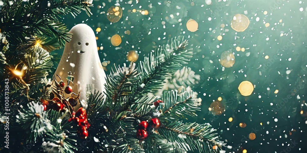 Poster a white ghost is sitting on a tree branch covered in snow