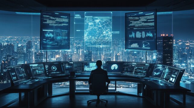Futuristic City Command Center with Advanced Technology Displays