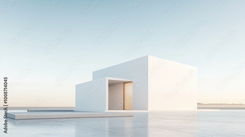 Poster modern architectural structure showcasing minimalist design against a serene backdrop and clear sky.