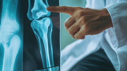 A healthcare provider closely examines a knee X-ray, pointing at critical areas to assess bone structure and identify any abnormalities for patient care