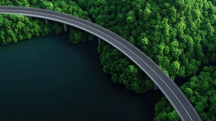 Ecofriendly highway with integrated technology, winding through a lake garden, showcasing sustainable and innovative design, 3D illustration