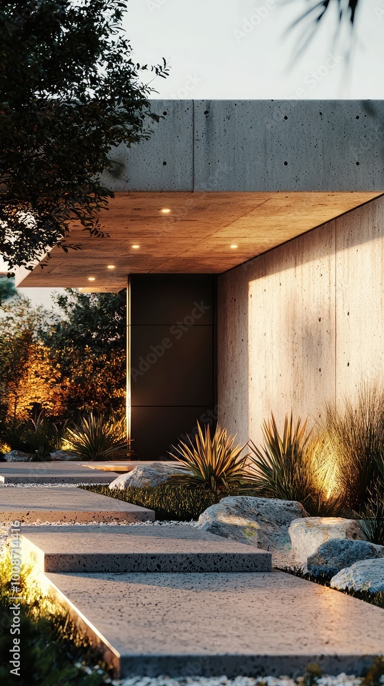 Poster modern architecture featuring concrete design and landscaped pathway illuminated by soft lights in a