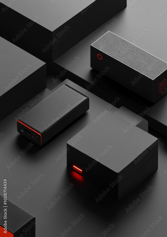 Poster a black box with a red light on it is on a table