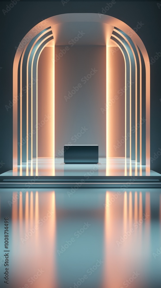 Poster modern archway design with glowing lines and reflective surface, creating a futuristic and artistic 
