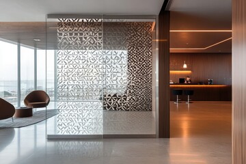 Modern office with glass partition. Perfect for showcasing interior design, office spaces, and modern architecture.