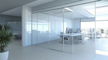 Modern office with glass doors. This image is perfect for showcasing business, workspace, or office design concepts.