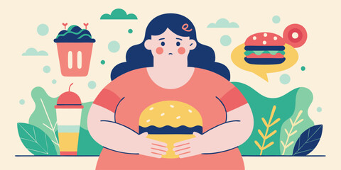 Lady holding burger with fast food theme background for healthy eating awareness poster