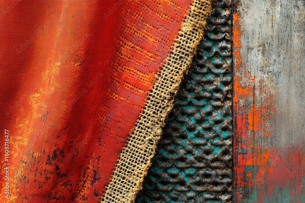 Poster a close-up of red fabric with lace trim and textured metal. this image is ideal for adding visual in