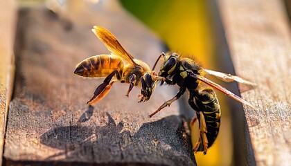 Frelon asiatique (vespa velutina) face &agrave; une abeille (apis mellifera)