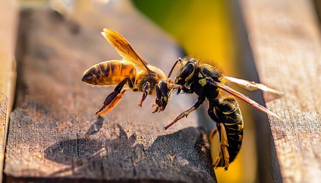 Frelon asiatique (vespa velutina) face &agrave; une abeille (apis mellifera)