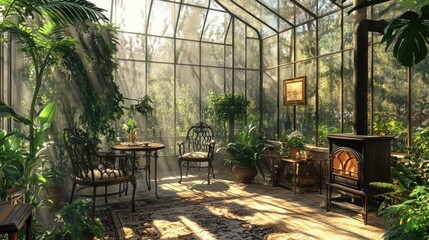 A sophisticated rustic conservatory with glass walls
