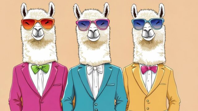 Three llamas wearing sunglasses and suits stand together, looking stylish and confident