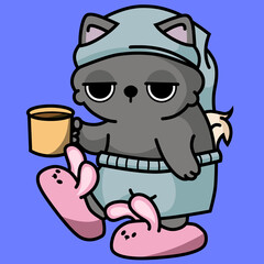Sleepy Cartoon Cat With Coffee in Bunny Slippers