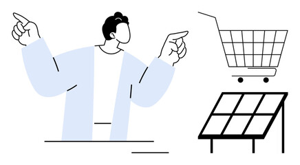 Minimalist man pointing at a shopping cart and a solar panel. Ideal for e-commerce, technology, green energy, sustainability, and business. Simple flat design emphasizing modern themes